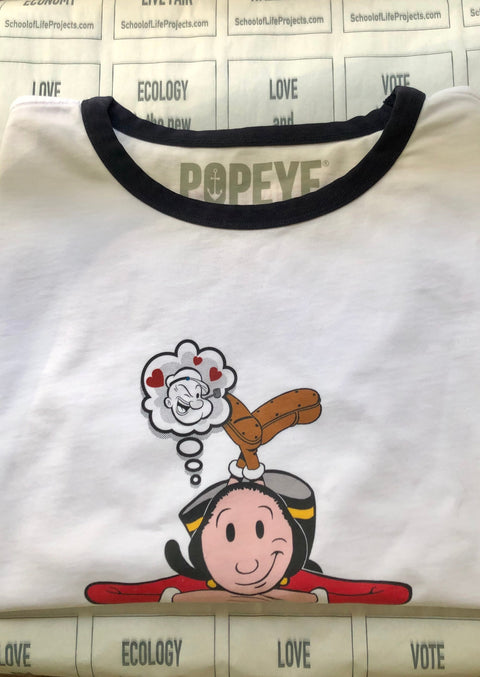 DETAIL OF GRAPHIC TEE WITH OLIVE OYL, POPEYE'S GIRLFRIEND. CHESTPRINT. FULL COLORPRINT