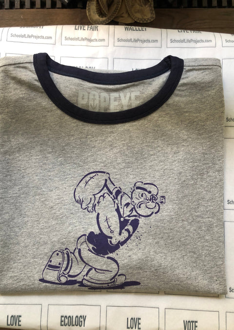 GREY MELEE TEE WITH NAVY TRIMS AND JEANS BLUE GRAPHIC ON THE CHEST AND BACK NECK