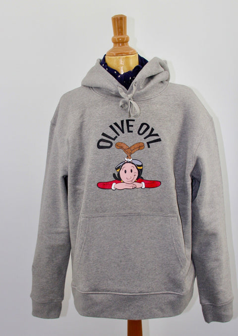 FRONT VIEW OF HOODED SWEATSHIRT FROM SCHOOLOFLIFEPROJECTS COLLECTION WITH AN ARTWORK OF POPEYE'S GIRLFRIEND OLIVE OYL 