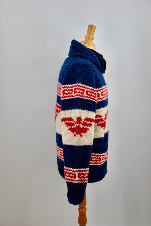 HANDKNITTED CARDIGAN (COWICHAN) IN BRIGHT BLUE, OFF WHITE AND BRIGHT RED