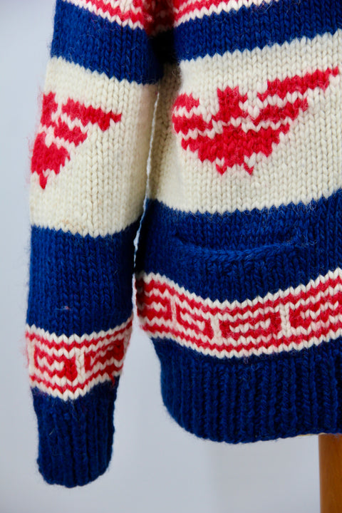 HANDKNITTED CARDIGAN (COWICHAN) IN BRIGHT BLUE, OFF WHITE AND BRIGHT RED