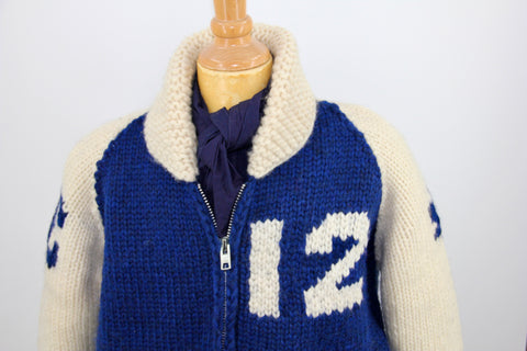 BRIGHT BLUE AND OFF WHITE HANDKNIT CARDIGAN (COWICHAN SWEATER)