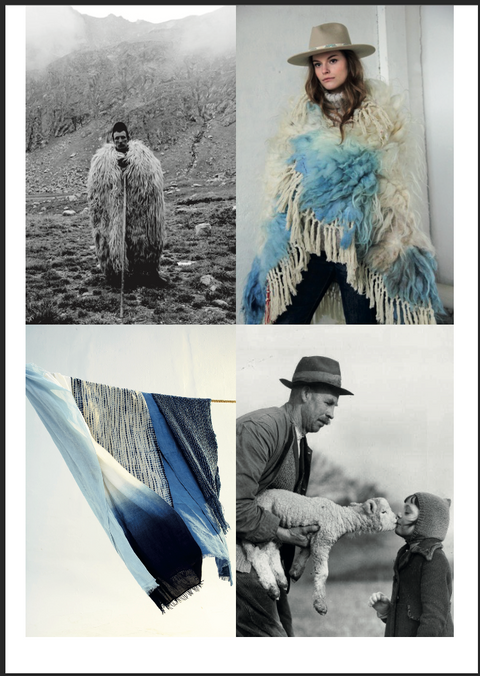 four part picture of blue blanket series; from left to right; shepherd in 20th century wearing sheepskin. right top; dip dyed weighted blanket with handmade fringes. series of blankets blowing in the wind on the left down corner. On the right corner a lamb and a toddler girl kissing. :-)