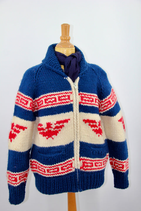 HANDKNITTED CARDIGAN (COWICHAN) IN BRIGHT BLUE, OFF WHITE AND BRIGHT RED
