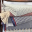 Detail picture of our blankets Manteigas, Belmonte in 2 colors, bored and jeans blue, all with red listing, jacquard pattern, Birds Eye and woven twill. 